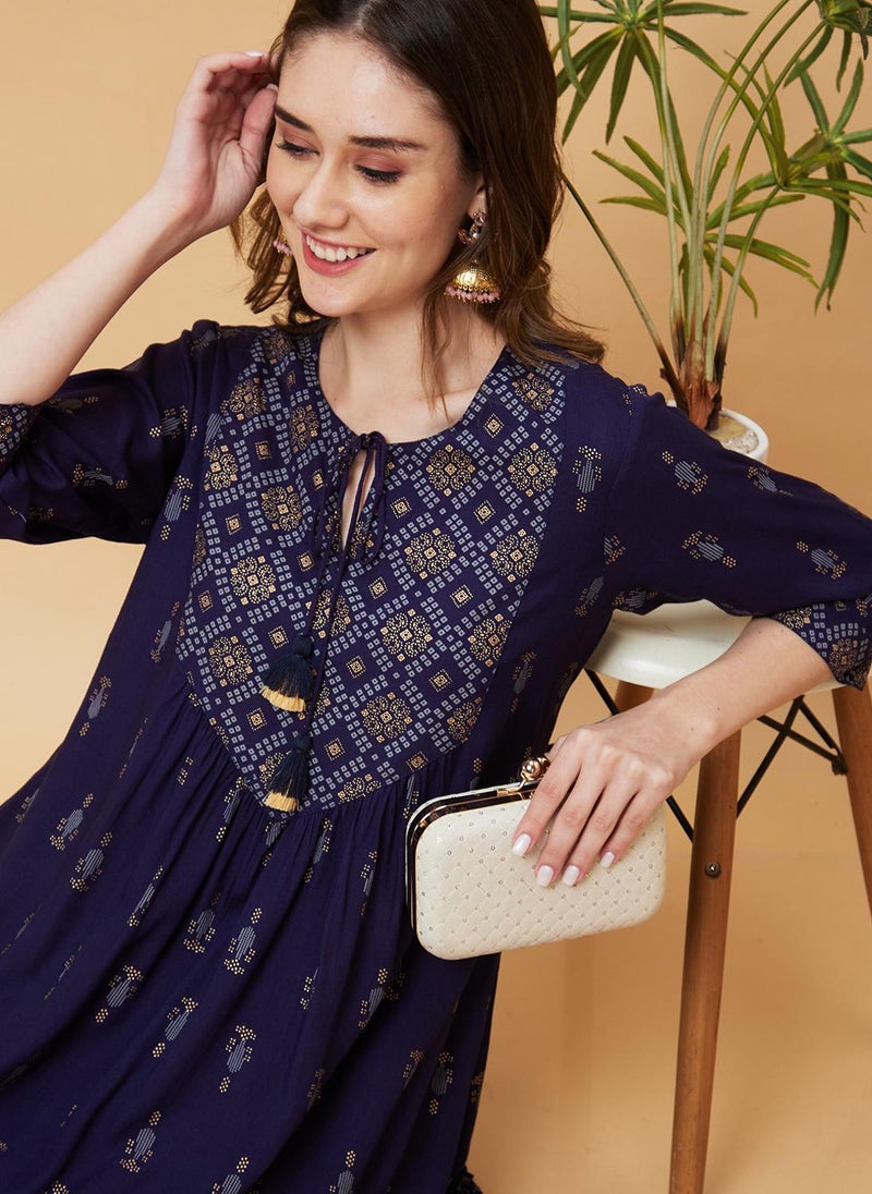 Globus Women Printed Yoke Design Gathered & Flared A-Line Dress - Image 1